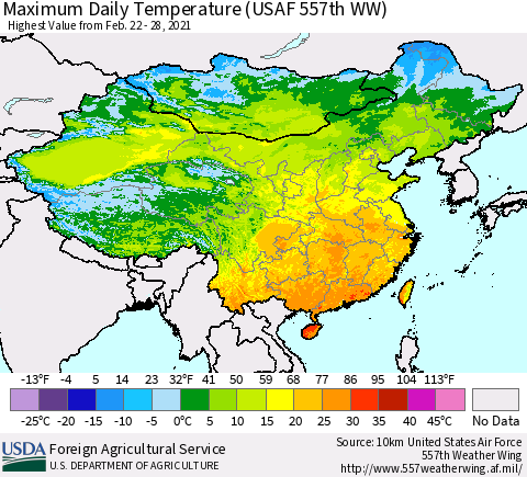 China, Mongolia and Taiwan Maximum Daily Temperature (USAF 557th WW) Thematic Map For 2/22/2021 - 2/28/2021
