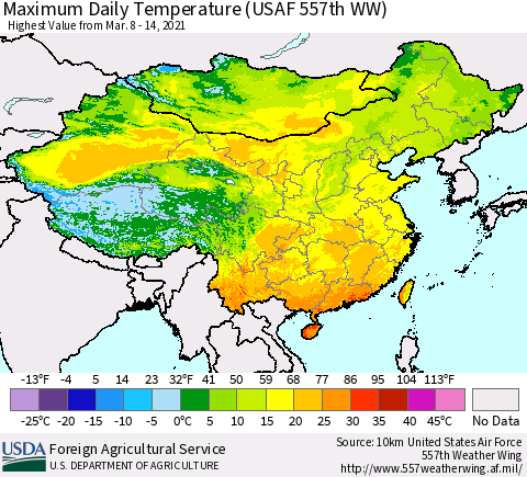 China and Taiwan Extreme Maximum Temperature (USAF 557th WW) Thematic Map For 3/8/2021 - 3/14/2021