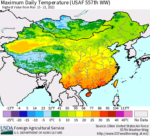 China and Taiwan Extreme Maximum Temperature (USAF 557th WW) Thematic Map For 3/15/2021 - 3/21/2021