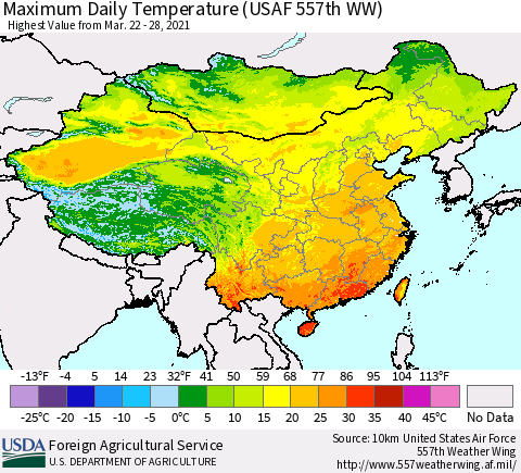 China, Mongolia and Taiwan Maximum Daily Temperature (USAF 557th WW) Thematic Map For 3/22/2021 - 3/28/2021