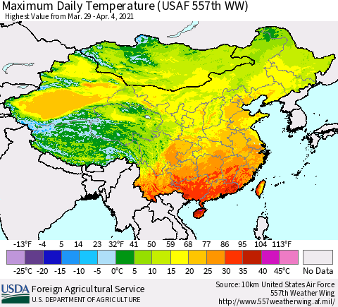 China, Mongolia and Taiwan Maximum Daily Temperature (USAF 557th WW) Thematic Map For 3/29/2021 - 4/4/2021