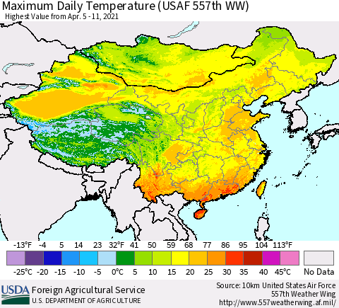 China and Taiwan Extreme Maximum Temperature (USAF 557th WW) Thematic Map For 4/5/2021 - 4/11/2021