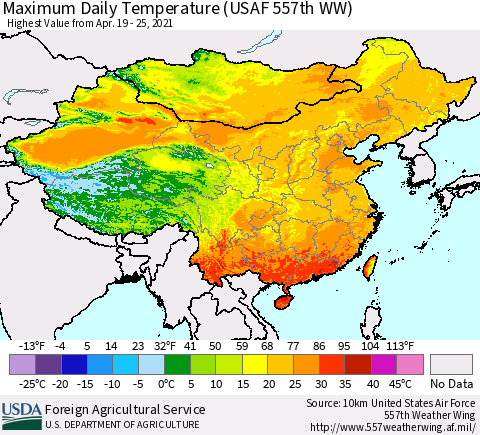 China and Taiwan Extreme Maximum Temperature (USAF 557th WW) Thematic Map For 4/19/2021 - 4/25/2021