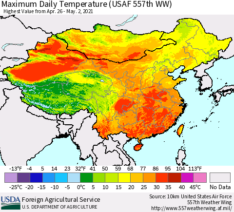 China and Taiwan Extreme Maximum Temperature (USAF 557th WW) Thematic Map For 4/26/2021 - 5/2/2021
