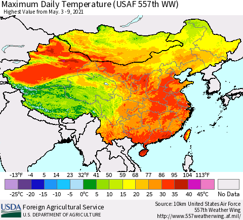 China, Mongolia and Taiwan Maximum Daily Temperature (USAF 557th WW) Thematic Map For 5/3/2021 - 5/9/2021
