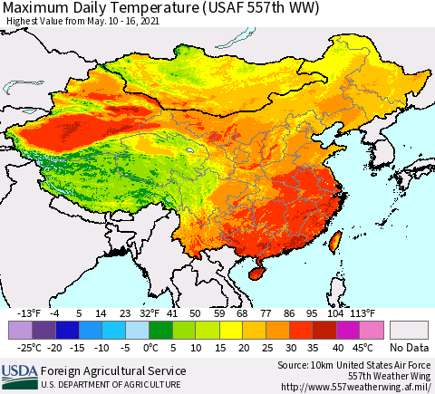 China and Taiwan Extreme Maximum Temperature (USAF 557th WW) Thematic Map For 5/10/2021 - 5/16/2021