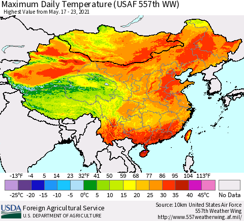 China, Mongolia and Taiwan Maximum Daily Temperature (USAF 557th WW) Thematic Map For 5/17/2021 - 5/23/2021