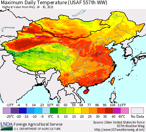 China and Taiwan Extreme Maximum Temperature (USAF 557th WW) Thematic Map For 5/24/2021 - 5/30/2021