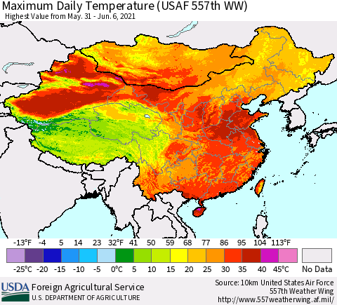 China, Mongolia and Taiwan Maximum Daily Temperature (USAF 557th WW) Thematic Map For 5/31/2021 - 6/6/2021