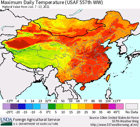 China and Taiwan Extreme Maximum Temperature (USAF 557th WW) Thematic Map For 6/7/2021 - 6/13/2021