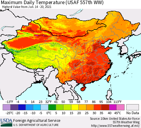 China and Taiwan Extreme Maximum Temperature (USAF 557th WW) Thematic Map For 6/14/2021 - 6/20/2021