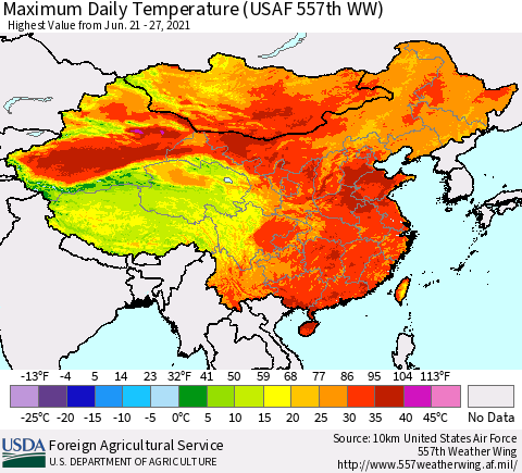 China and Taiwan Extreme Maximum Temperature (USAF 557th WW) Thematic Map For 6/21/2021 - 6/27/2021