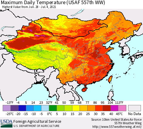 China, Mongolia and Taiwan Maximum Daily Temperature (USAF 557th WW) Thematic Map For 6/28/2021 - 7/4/2021