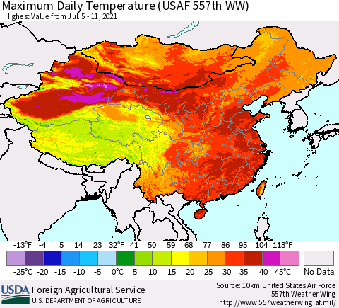 China, Mongolia and Taiwan Maximum Daily Temperature (USAF 557th WW) Thematic Map For 7/5/2021 - 7/11/2021