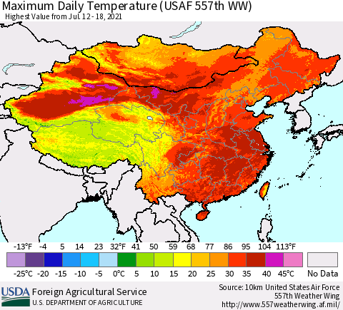 China, Mongolia and Taiwan Maximum Daily Temperature (USAF 557th WW) Thematic Map For 7/12/2021 - 7/18/2021