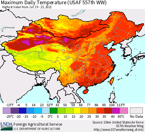 China, Mongolia and Taiwan Maximum Daily Temperature (USAF 557th WW) Thematic Map For 7/19/2021 - 7/25/2021
