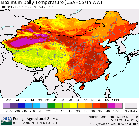 China, Mongolia and Taiwan Maximum Daily Temperature (USAF 557th WW) Thematic Map For 7/26/2021 - 8/1/2021