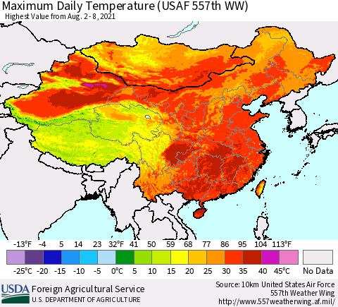 China, Mongolia and Taiwan Maximum Daily Temperature (USAF 557th WW) Thematic Map For 8/2/2021 - 8/8/2021