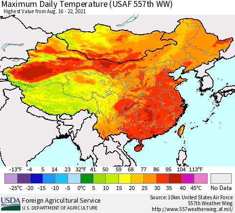 China, Mongolia and Taiwan Maximum Daily Temperature (USAF 557th WW) Thematic Map For 8/16/2021 - 8/22/2021