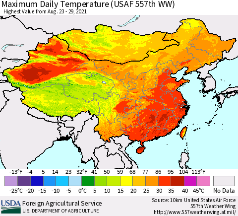 China, Mongolia and Taiwan Maximum Daily Temperature (USAF 557th WW) Thematic Map For 8/23/2021 - 8/29/2021