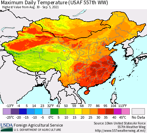 China, Mongolia and Taiwan Maximum Daily Temperature (USAF 557th WW) Thematic Map For 8/30/2021 - 9/5/2021