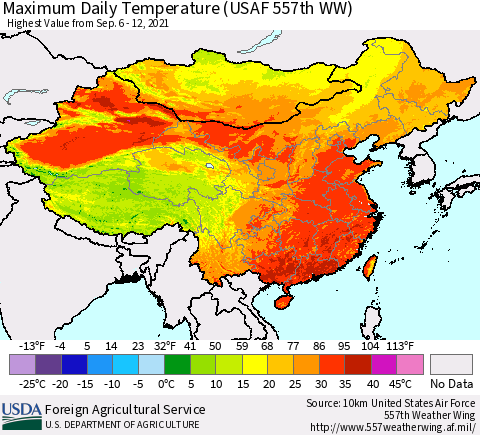 China, Mongolia and Taiwan Maximum Daily Temperature (USAF 557th WW) Thematic Map For 9/6/2021 - 9/12/2021