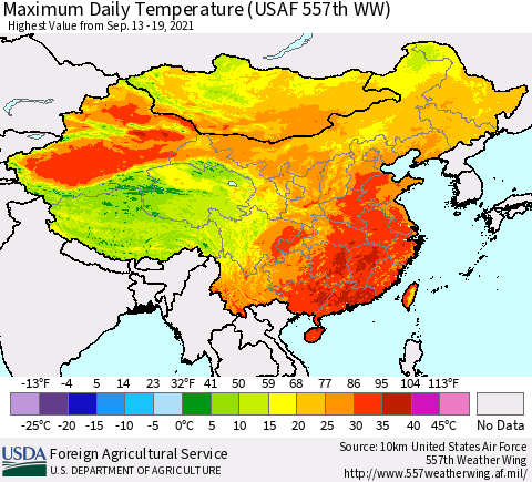 China, Mongolia and Taiwan Maximum Daily Temperature (USAF 557th WW) Thematic Map For 9/13/2021 - 9/19/2021