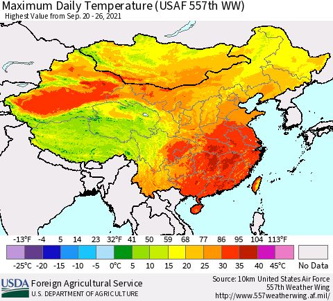 China, Mongolia and Taiwan Maximum Daily Temperature (USAF 557th WW) Thematic Map For 9/20/2021 - 9/26/2021