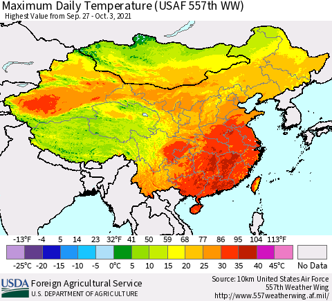 China, Mongolia and Taiwan Maximum Daily Temperature (USAF 557th WW) Thematic Map For 9/27/2021 - 10/3/2021