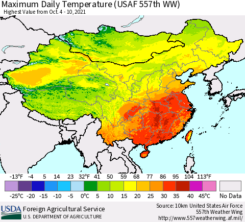 China, Mongolia and Taiwan Maximum Daily Temperature (USAF 557th WW) Thematic Map For 10/4/2021 - 10/10/2021