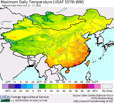 China, Mongolia and Taiwan Maximum Daily Temperature (USAF 557th WW) Thematic Map For 10/11/2021 - 10/17/2021