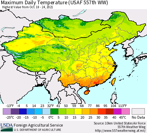 China, Mongolia and Taiwan Maximum Daily Temperature (USAF 557th WW) Thematic Map For 10/18/2021 - 10/24/2021