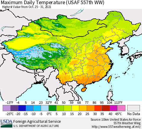 China, Mongolia and Taiwan Maximum Daily Temperature (USAF 557th WW) Thematic Map For 10/25/2021 - 10/31/2021