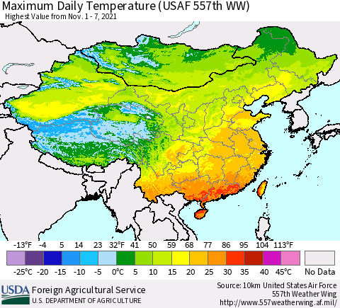 China, Mongolia and Taiwan Maximum Daily Temperature (USAF 557th WW) Thematic Map For 11/1/2021 - 11/7/2021