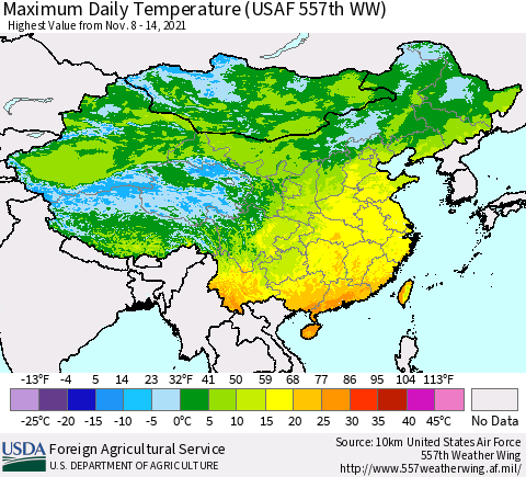 China, Mongolia and Taiwan Maximum Daily Temperature (USAF 557th WW) Thematic Map For 11/8/2021 - 11/14/2021