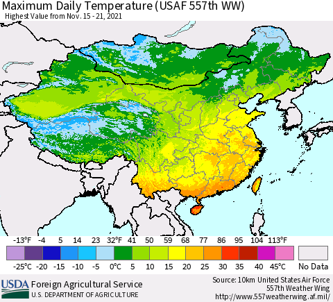 China, Mongolia and Taiwan Maximum Daily Temperature (USAF 557th WW) Thematic Map For 11/15/2021 - 11/21/2021