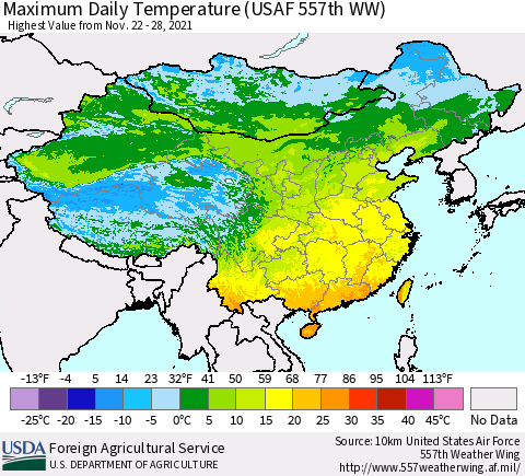 China, Mongolia and Taiwan Maximum Daily Temperature (USAF 557th WW) Thematic Map For 11/22/2021 - 11/28/2021