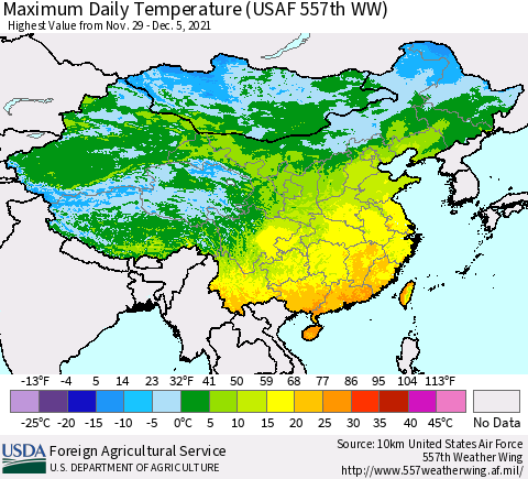 China, Mongolia and Taiwan Maximum Daily Temperature (USAF 557th WW) Thematic Map For 11/29/2021 - 12/5/2021