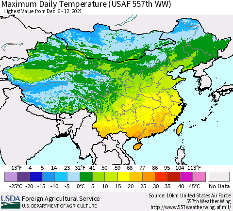 China, Mongolia and Taiwan Maximum Daily Temperature (USAF 557th WW) Thematic Map For 12/6/2021 - 12/12/2021