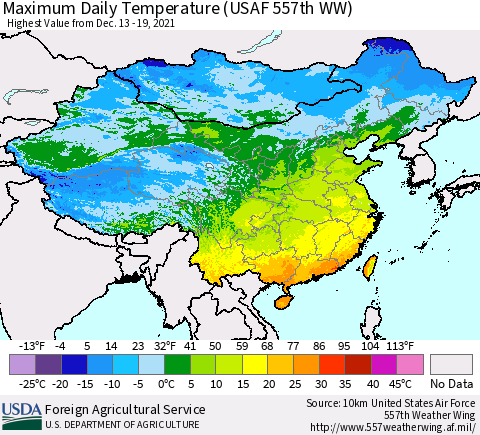 China, Mongolia and Taiwan Maximum Daily Temperature (USAF 557th WW) Thematic Map For 12/13/2021 - 12/19/2021