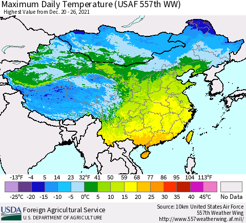 China, Mongolia and Taiwan Maximum Daily Temperature (USAF 557th WW) Thematic Map For 12/20/2021 - 12/26/2021
