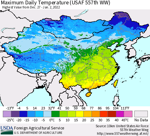 China, Mongolia and Taiwan Maximum Daily Temperature (USAF 557th WW) Thematic Map For 12/27/2021 - 1/2/2022