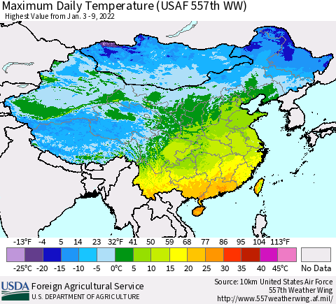 China, Mongolia and Taiwan Maximum Daily Temperature (USAF 557th WW) Thematic Map For 1/3/2022 - 1/9/2022