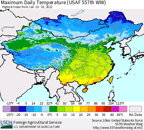 China, Mongolia and Taiwan Maximum Daily Temperature (USAF 557th WW) Thematic Map For 1/10/2022 - 1/16/2022