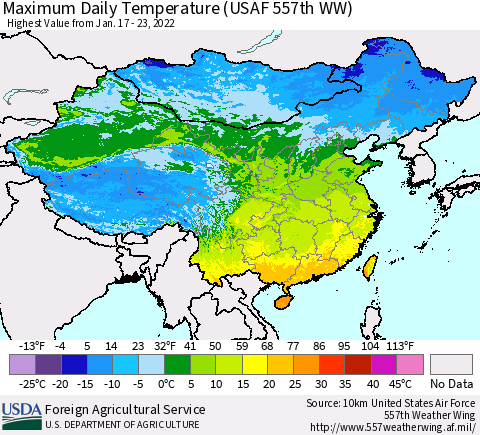 China, Mongolia and Taiwan Maximum Daily Temperature (USAF 557th WW) Thematic Map For 1/17/2022 - 1/23/2022