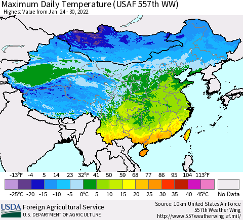 China, Mongolia and Taiwan Maximum Daily Temperature (USAF 557th WW) Thematic Map For 1/24/2022 - 1/30/2022