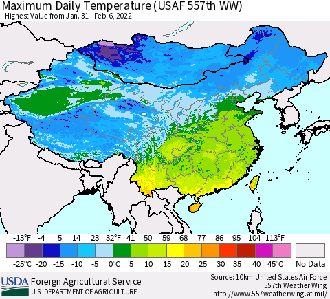China, Mongolia and Taiwan Maximum Daily Temperature (USAF 557th WW) Thematic Map For 1/31/2022 - 2/6/2022