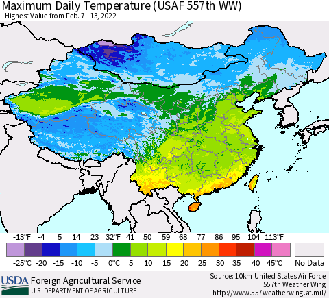 China, Mongolia and Taiwan Maximum Daily Temperature (USAF 557th WW) Thematic Map For 2/7/2022 - 2/13/2022