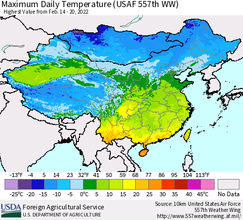China, Mongolia and Taiwan Maximum Daily Temperature (USAF 557th WW) Thematic Map For 2/14/2022 - 2/20/2022