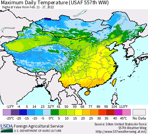 China, Mongolia and Taiwan Maximum Daily Temperature (USAF 557th WW) Thematic Map For 2/21/2022 - 2/27/2022